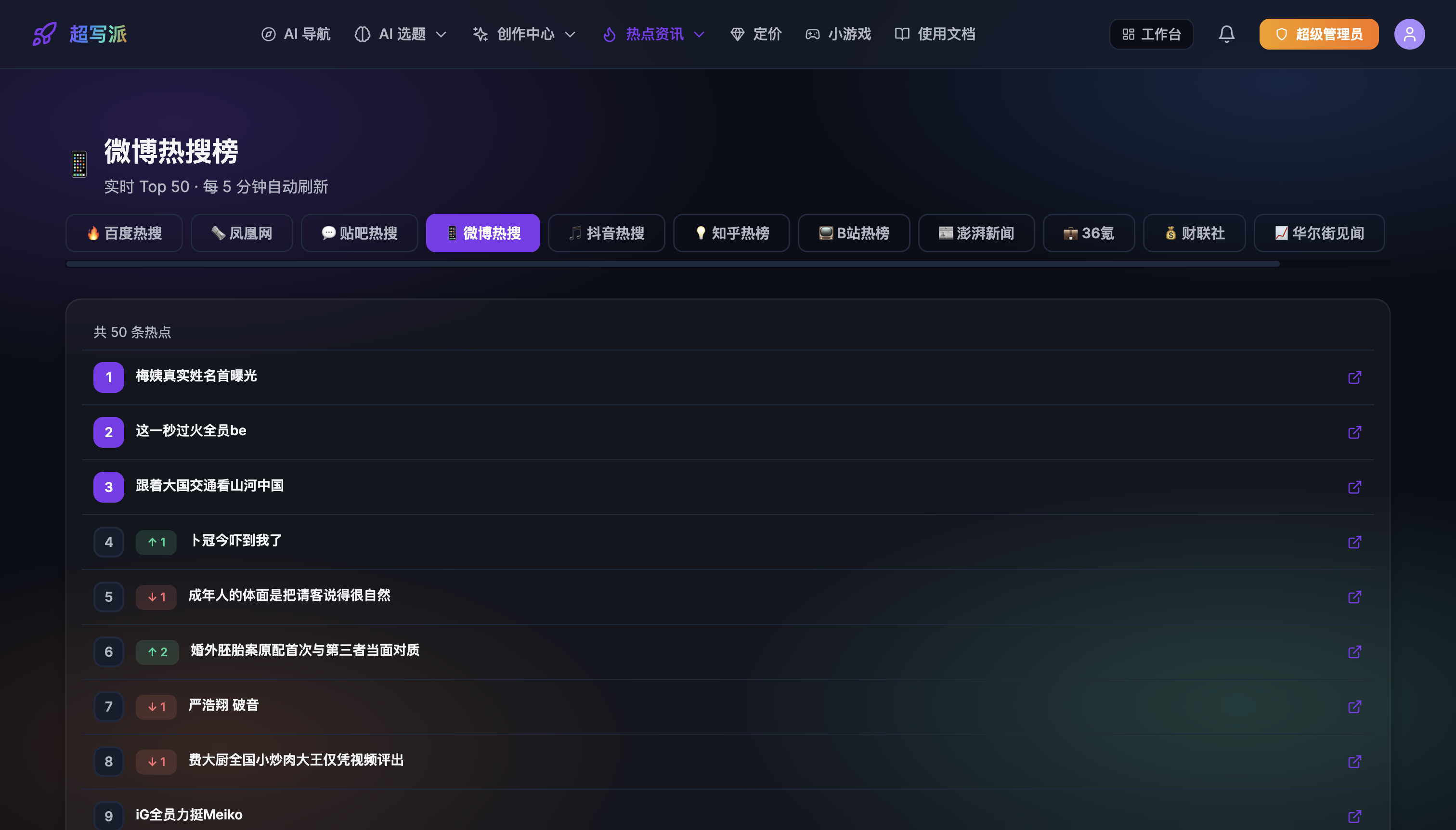 微博热搜榜实时 Top50